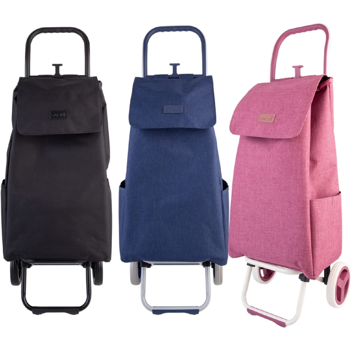 A set of three shopping trolleys in black, navy, and pink, each with a logo and a folding handle.