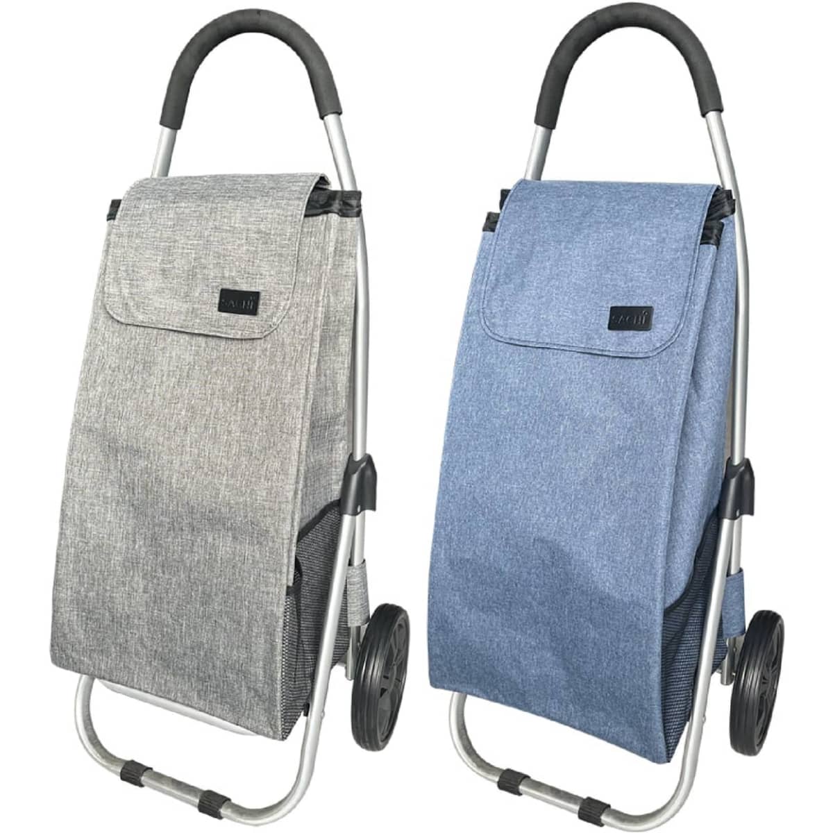 A grey and a blue aluminium shopping trolley with black handles, featuring a logo on each trolley.