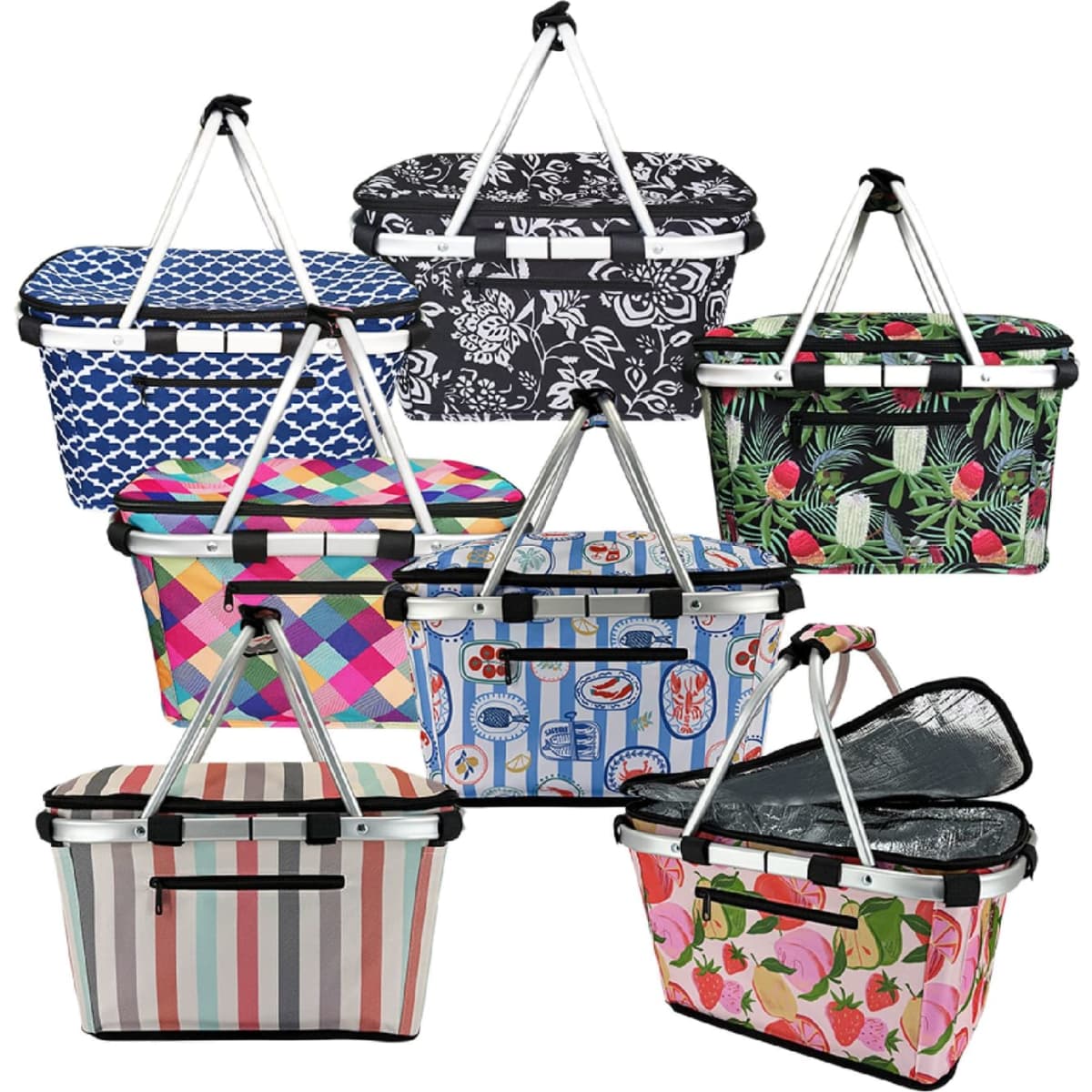 A variety of insulated carry baskets with lids in different patterns and colours, featuring handles and a mix of floral and geometric designs.