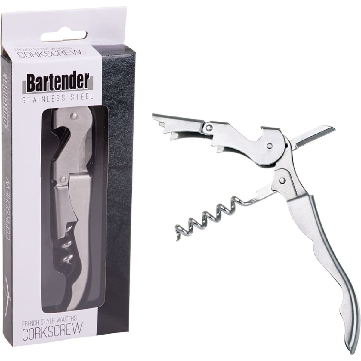 A stainless steel waiters corkscrew in packaging, featuring a metallic design with a logo.