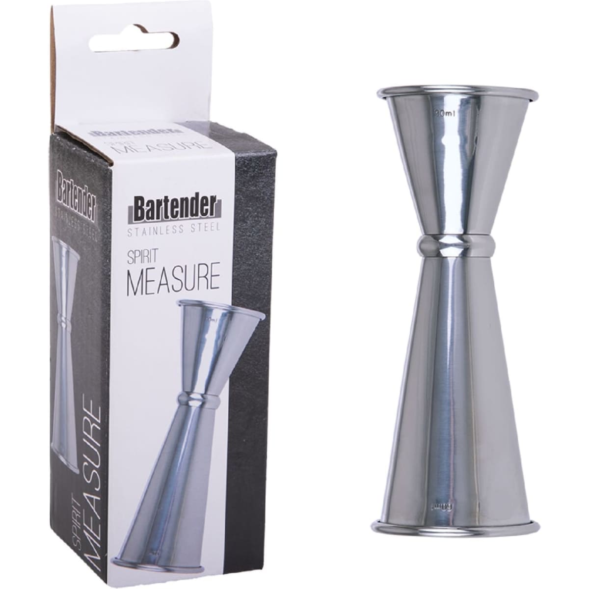 A stainless steel spirit measure in a boxed package, featuring a sleek silver finish. The box includes branding.