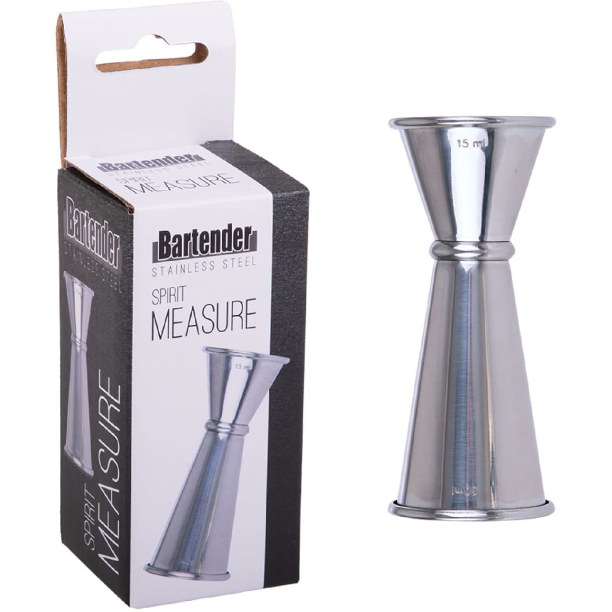 A stainless steel measure with a polished finish, featuring two measurement sizes of 15ml and 30ml, alongside its packaging.