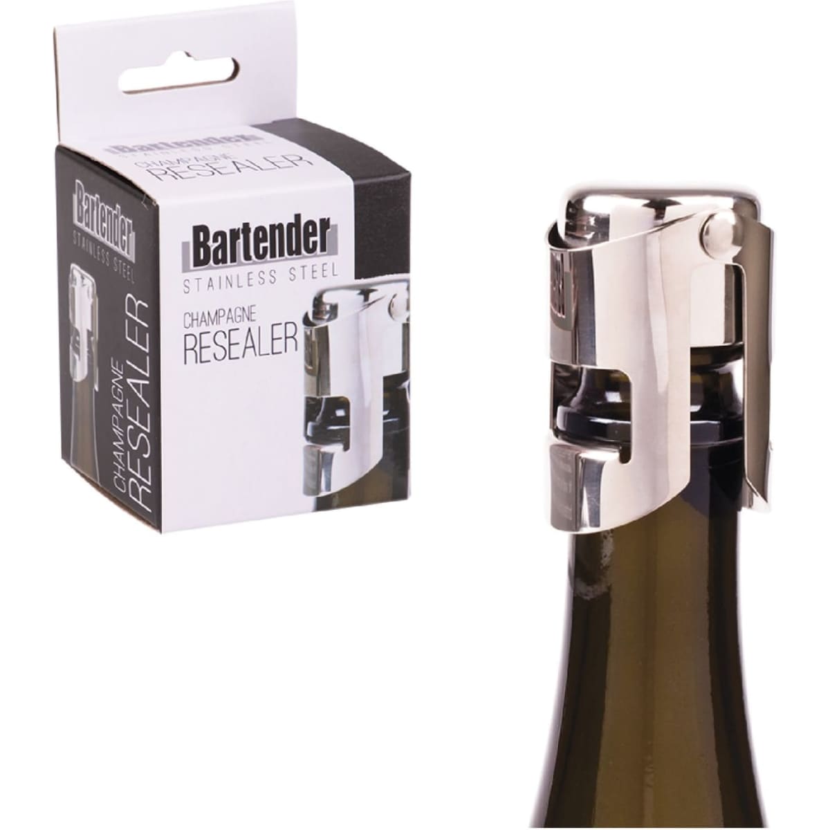 A drink bottle with a stainless steel champagne resealer on top, next to its branded packaging.