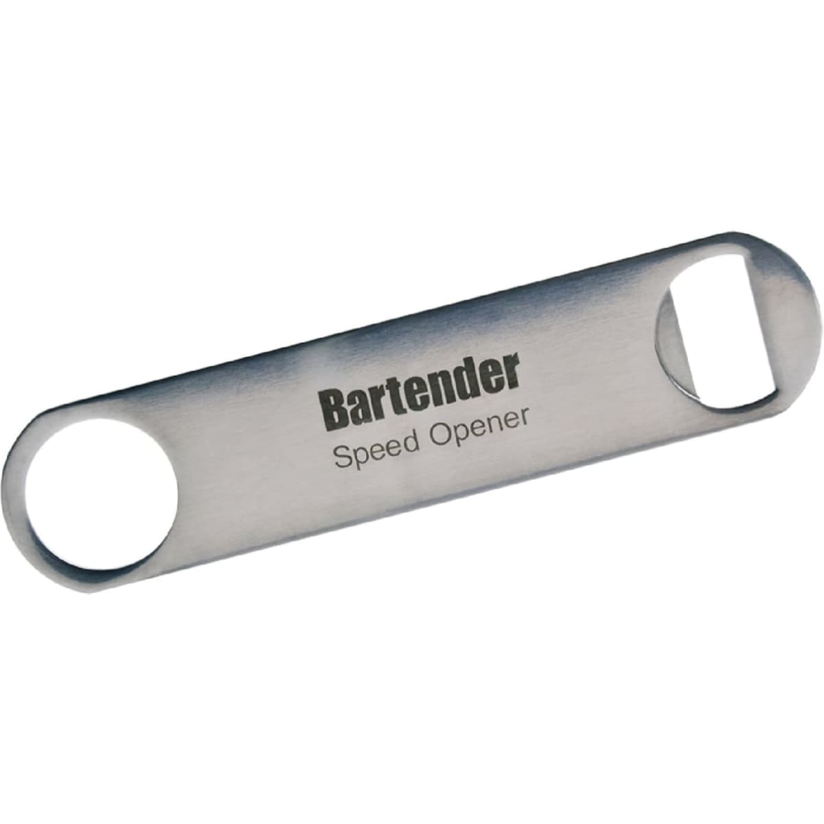 A stainless steel bottle opener with two circular ends and a logo on the surface.