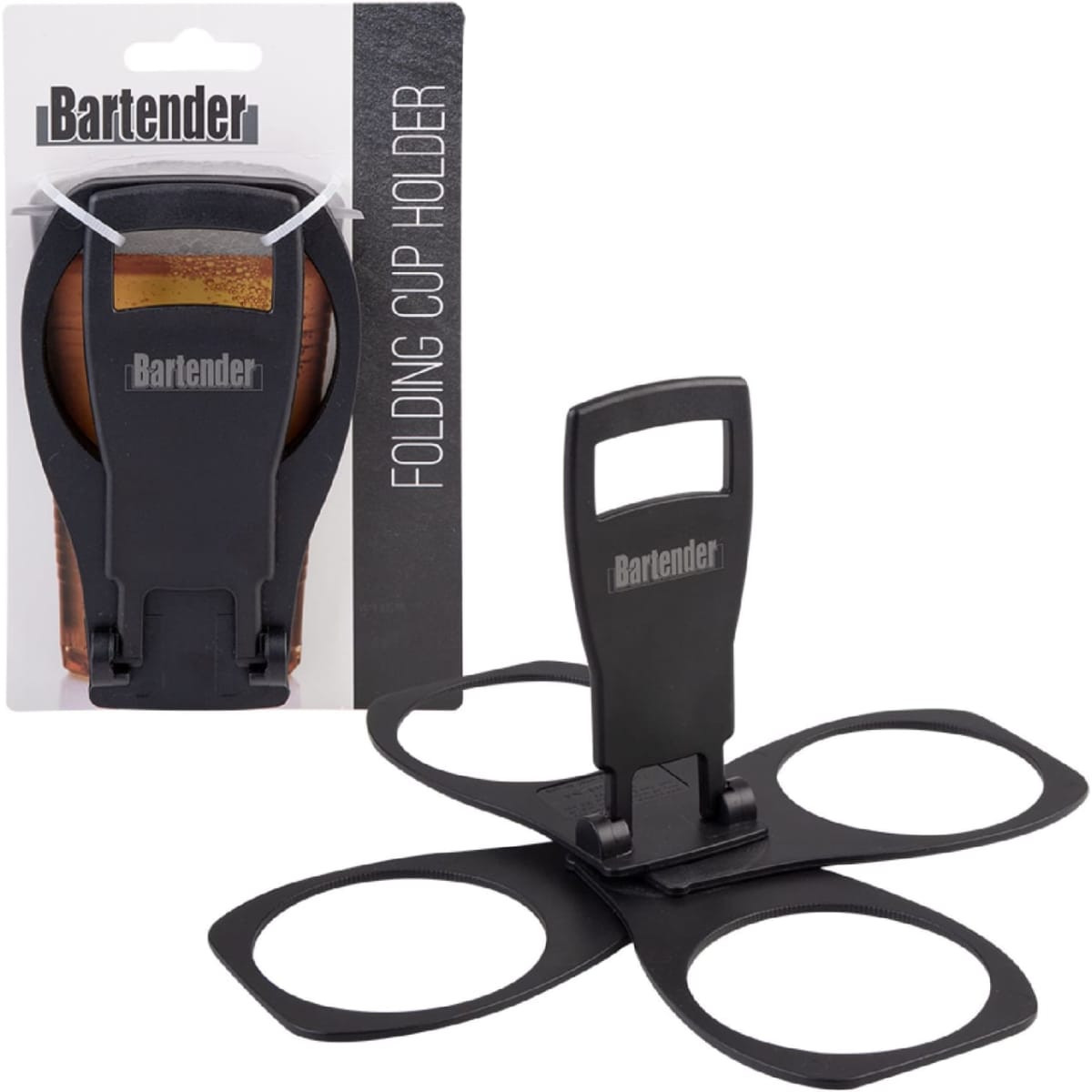 A black folding cup holder with four cup slots, displayed with packaging that includes a logo.