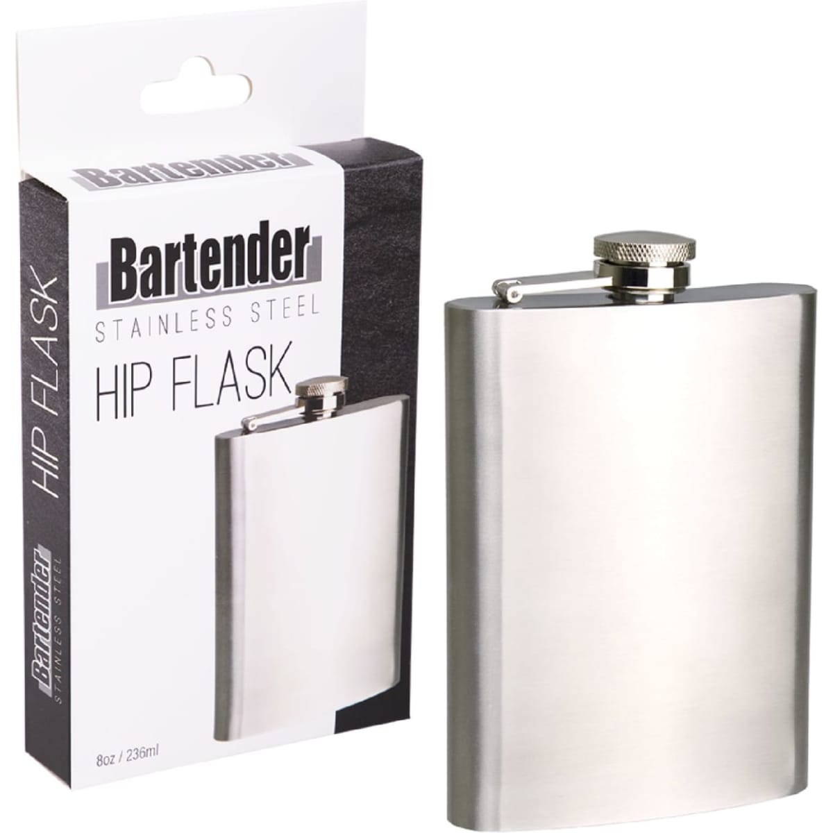 A stainless steel hip flask with a sleek design, featuring a silver finish and a secure screw cap. It has a branding logo.