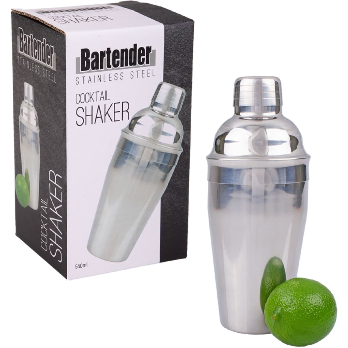 A stainless steel cocktail shaker with a clear lid, accompanied by a green lime, placed beside its packaging.