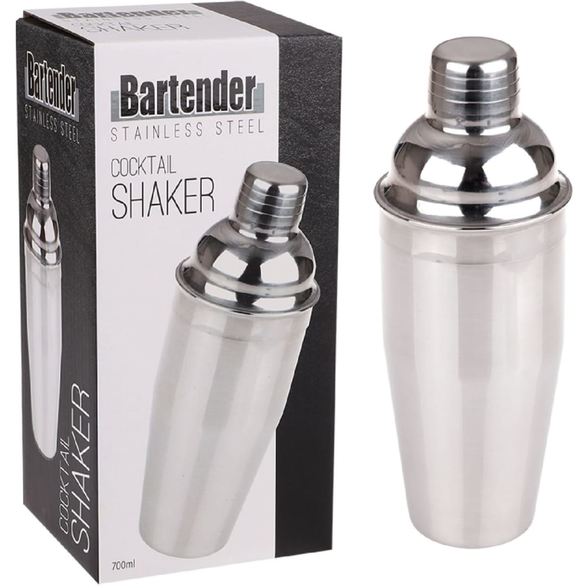 A stainless steel cocktail shaker with a shiny finish, presented alongside its packaging.