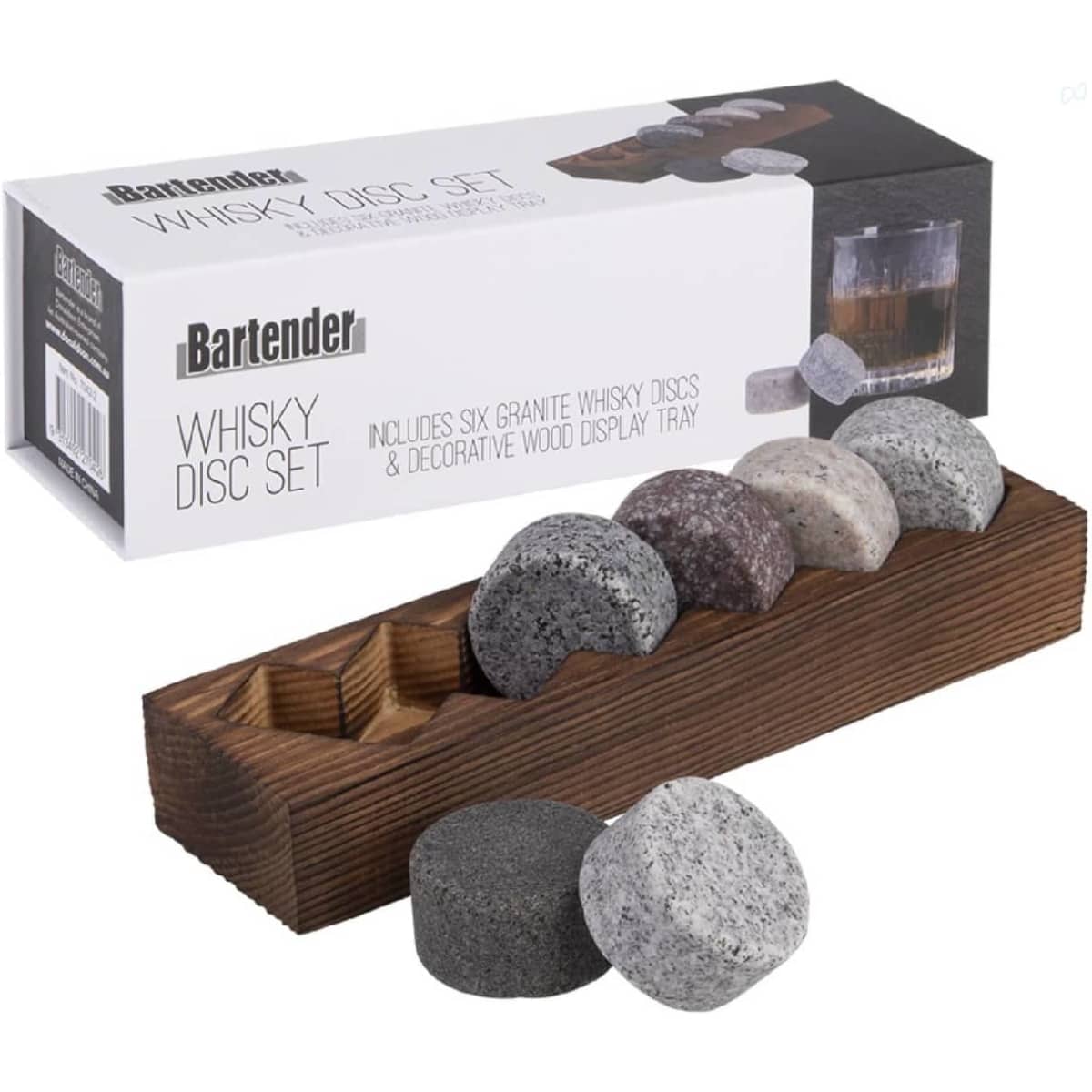 A set of six granite whisky discs in grey and black, arranged in a decorative wood base, with product packaging visible.