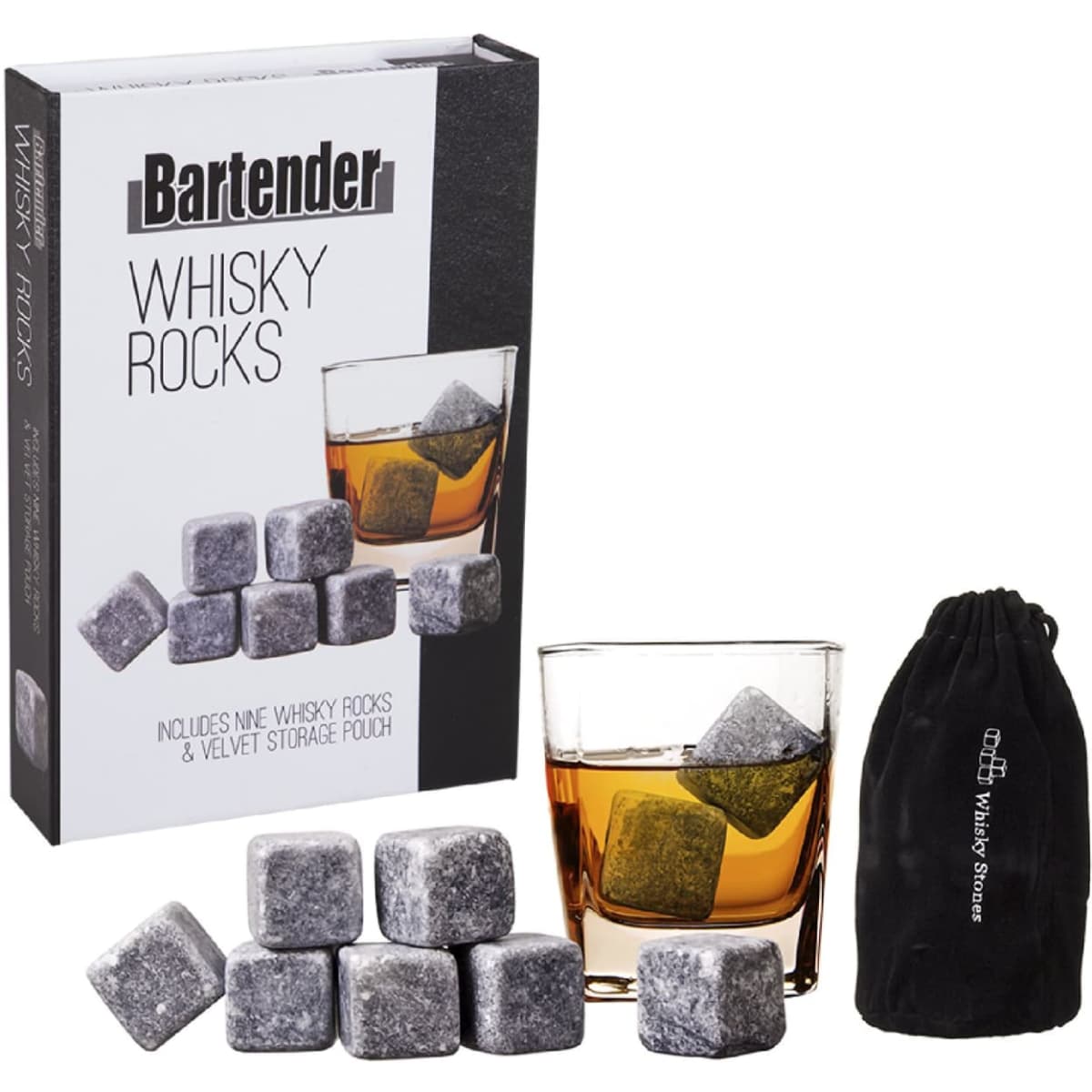 A whisky rocks set featuring nine grey granite stones, a glass with whisky, and a black velvet storage pouch.