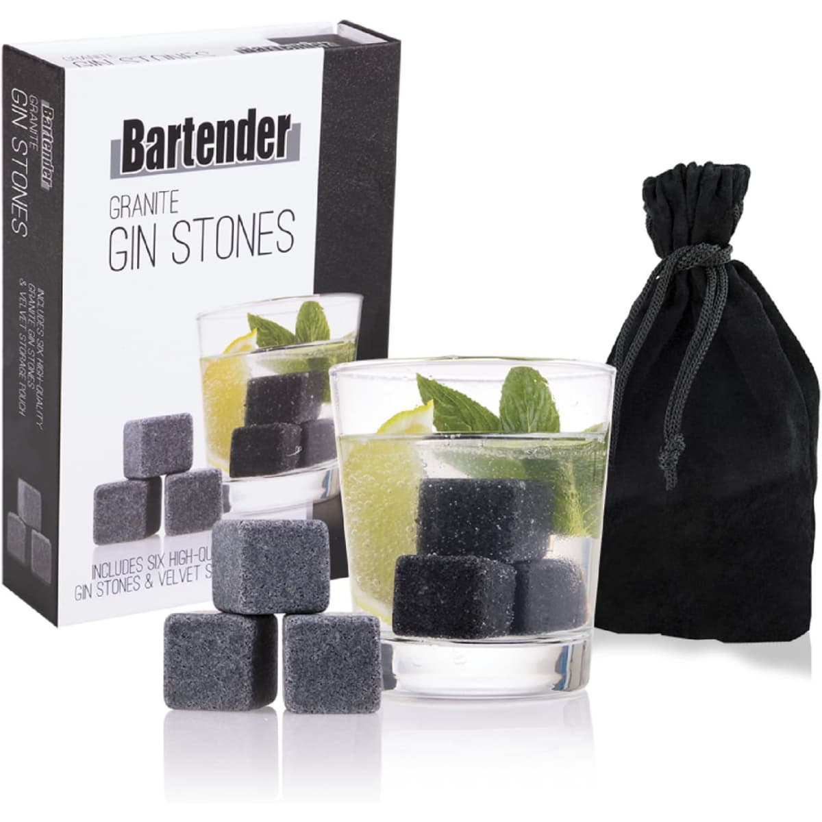 A set of six grey gin stones with a velvet bag and packaging, alongside a drink featuring mint and lime.