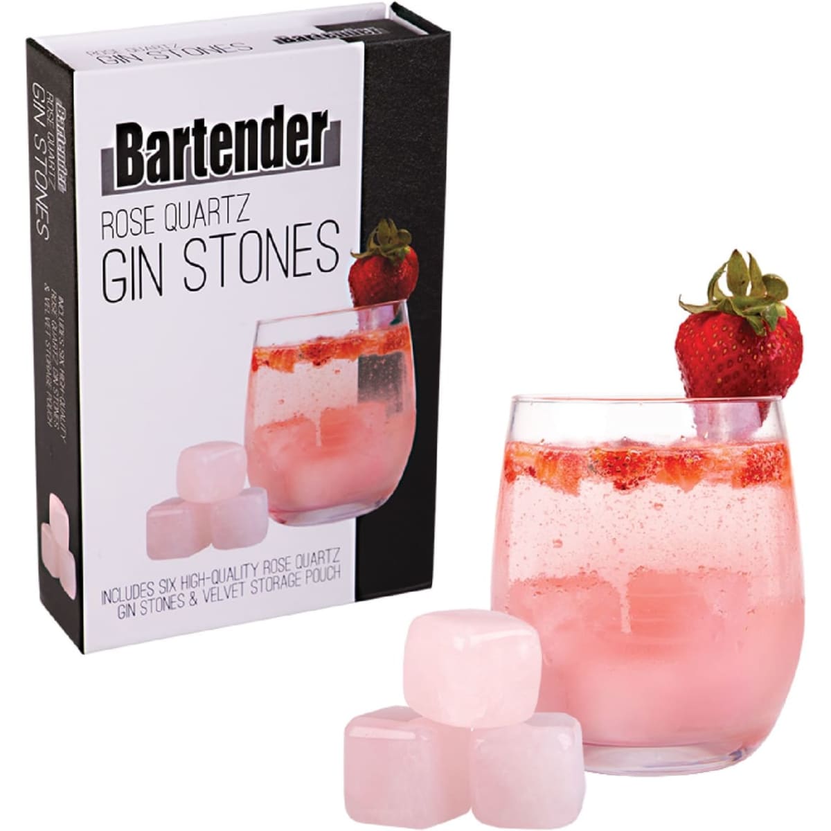 A drink bottle filled with pink liquid and strawberries beside a box containing six rose quartz gin stones.