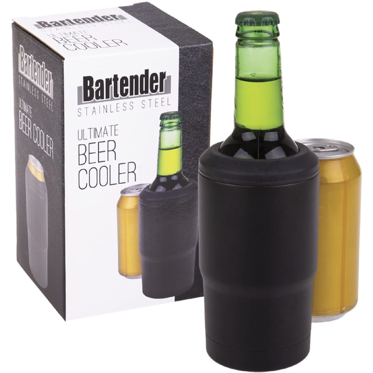 A stainless steel beer cooler in black, holding a green glass bottle next to a yellow can, with a box in the background.