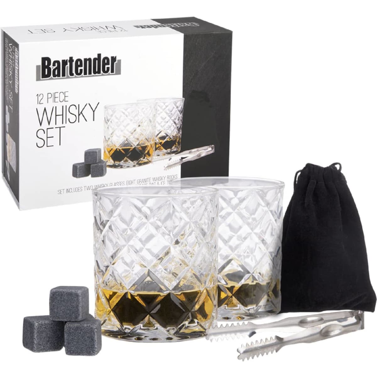 A whisky set featuring two crystal glasses, whisky stones, and tongs, presented in a black box.