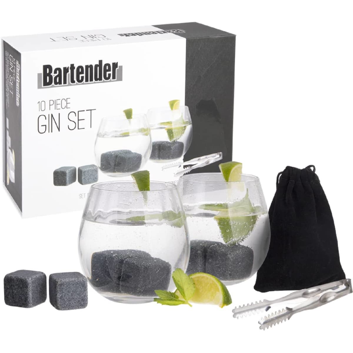 A gin set with four glass tumblers, grey cooling stones, a tong, and a black storage pouch, all in a box.