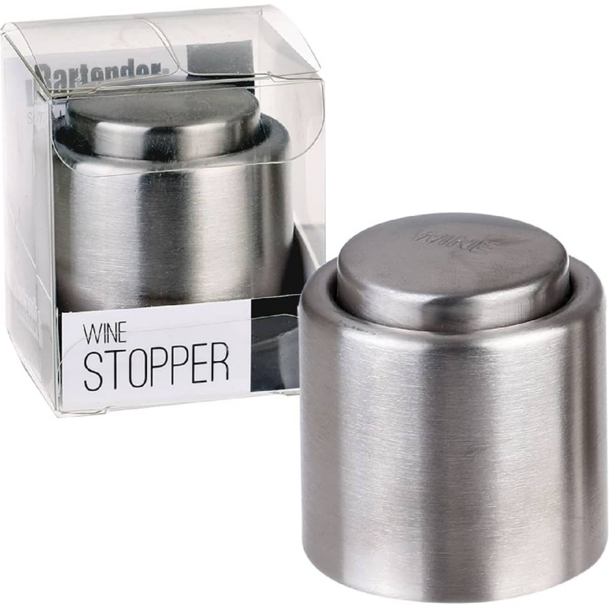 A drink bottle wine stopper in stainless steel with a sleek design, presented in a transparent box.