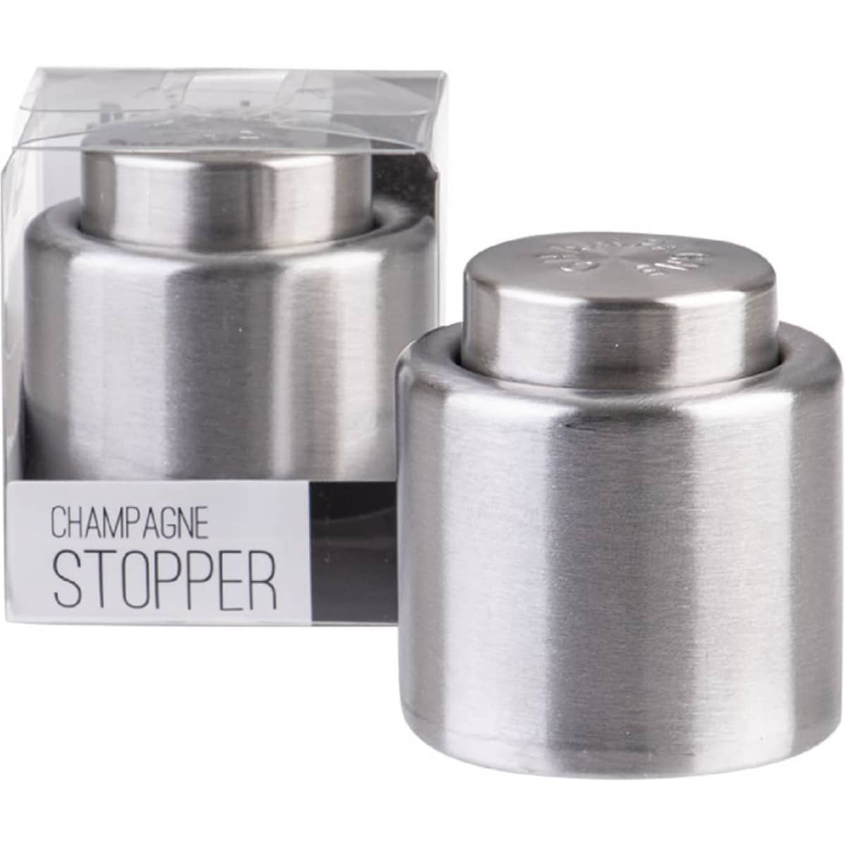 A drink bottle champagne stopper in stainless steel, presented in a clear box, with an accompanying logo.