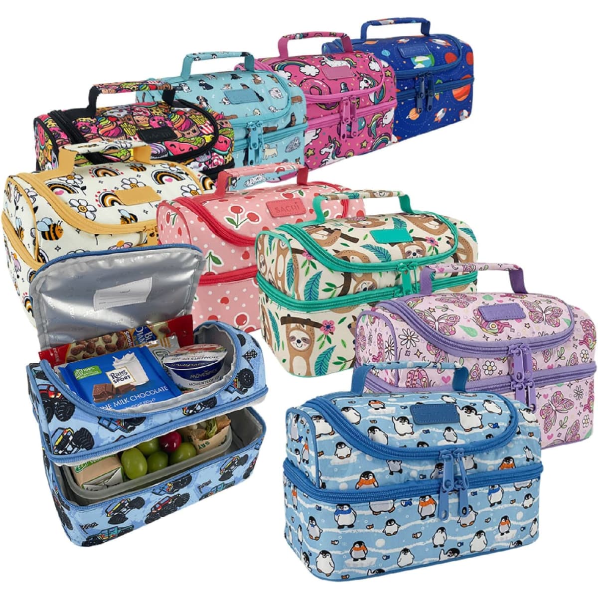 A collection of insulated double decker lunch bags in various colours and patterns, some opened to reveal contents inside.