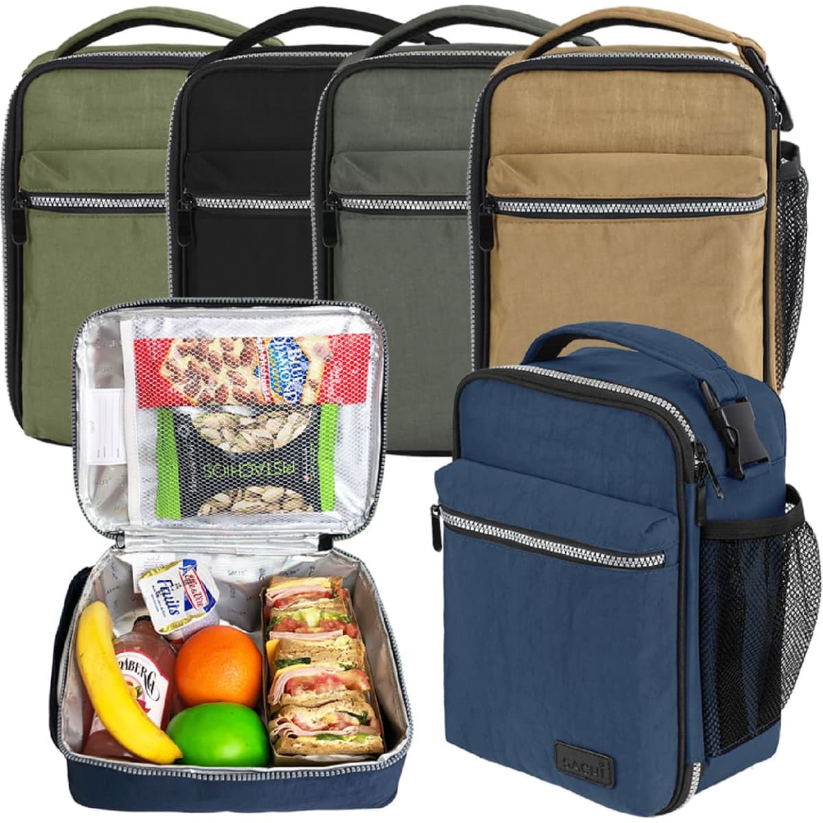 A selection of Sachi Insulated 'Explorer' Lunch Bags in black, green, khaki, and navy, filled with sandwiches and fruit.