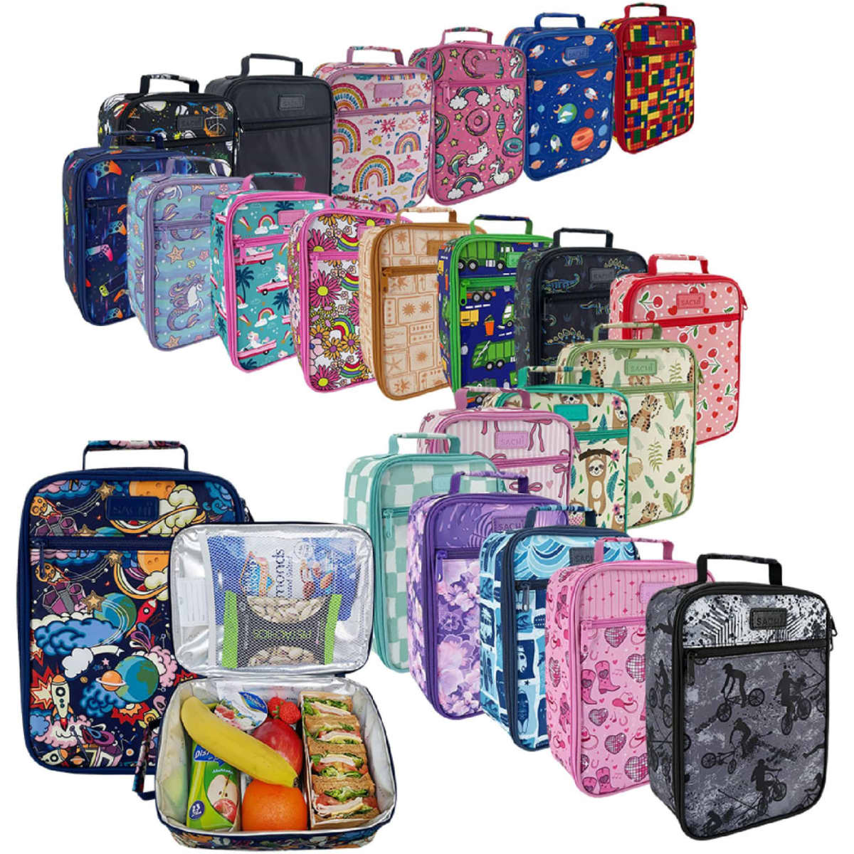 A variety of insulated junior lunch bags in different patterns and colours, with some featuring transparent fronts and contents.
