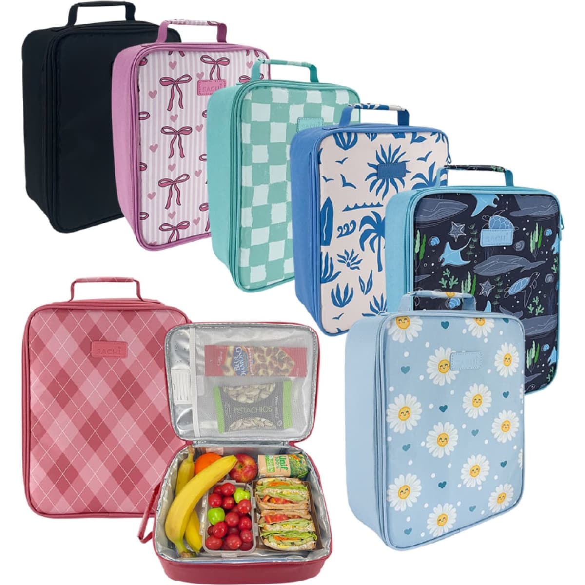 A selection of Sachi Insulated Junior XL Lunch Bags in various colours and patterns, including floral and checkered designs.