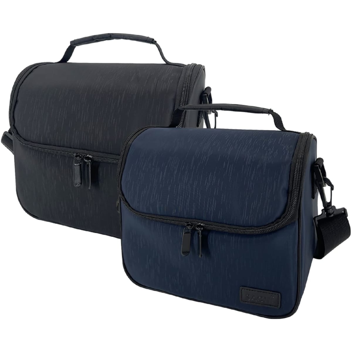 Two insulated lunch bags in black and navy blue, featuring zippered compartments and a handle for easy carrying.