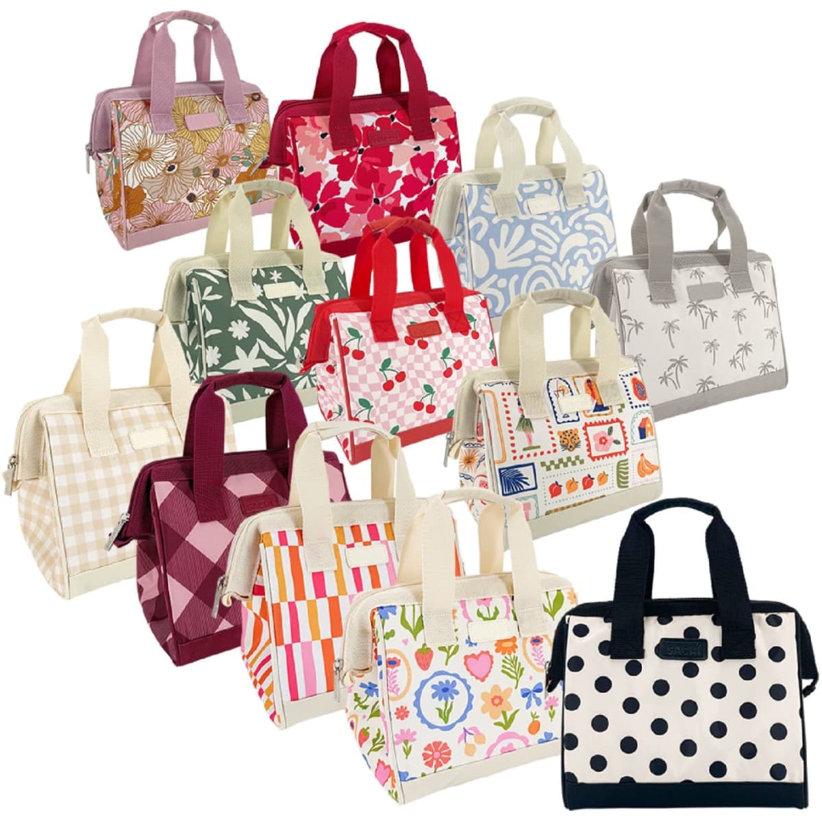 A collection of insulated lunch bags in various colours and patterns, featuring different designs and a logo on some bags.