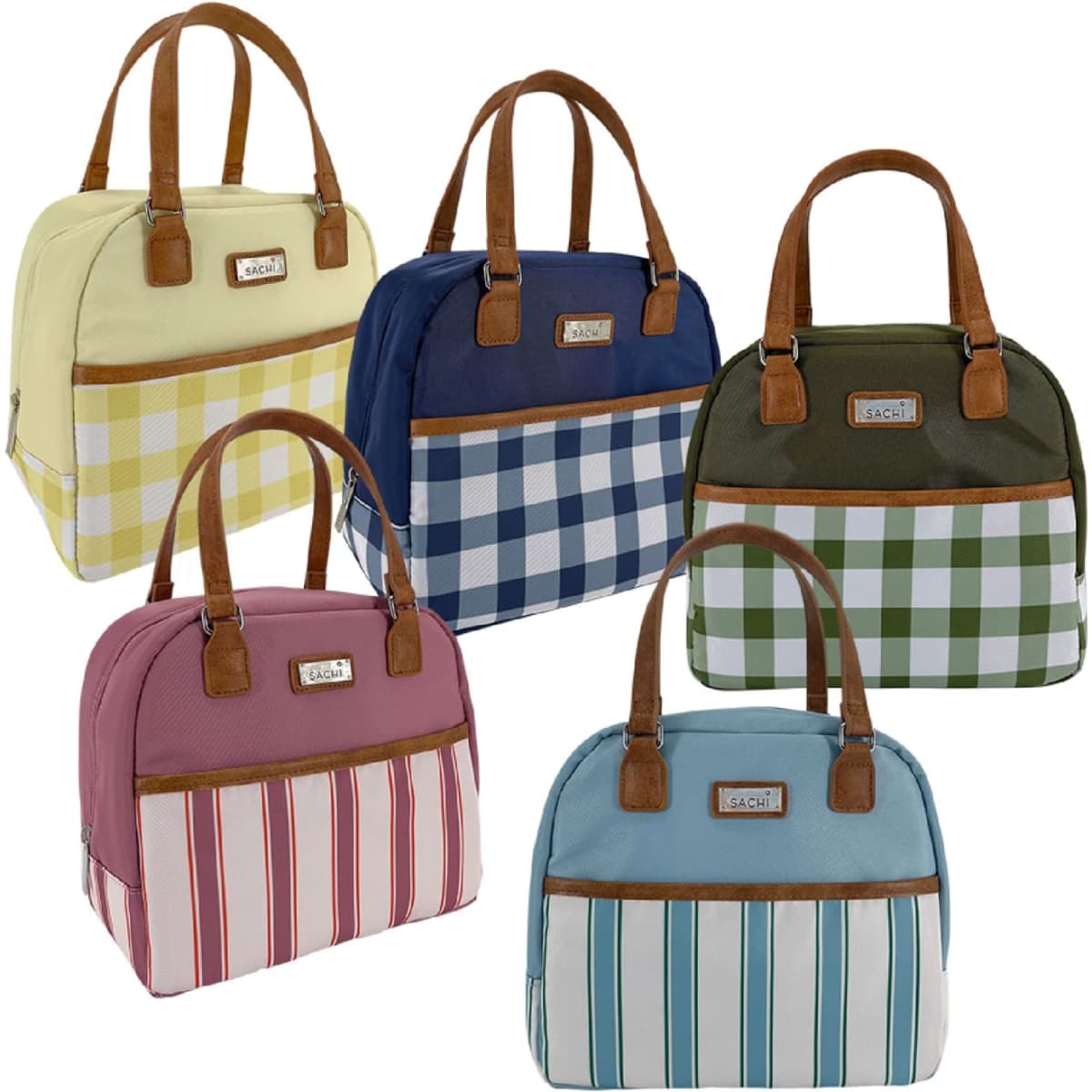 A collection of five insulated lunch bags in various colours, featuring patterns like stripes, checks, and solid shades. Each has a logo.