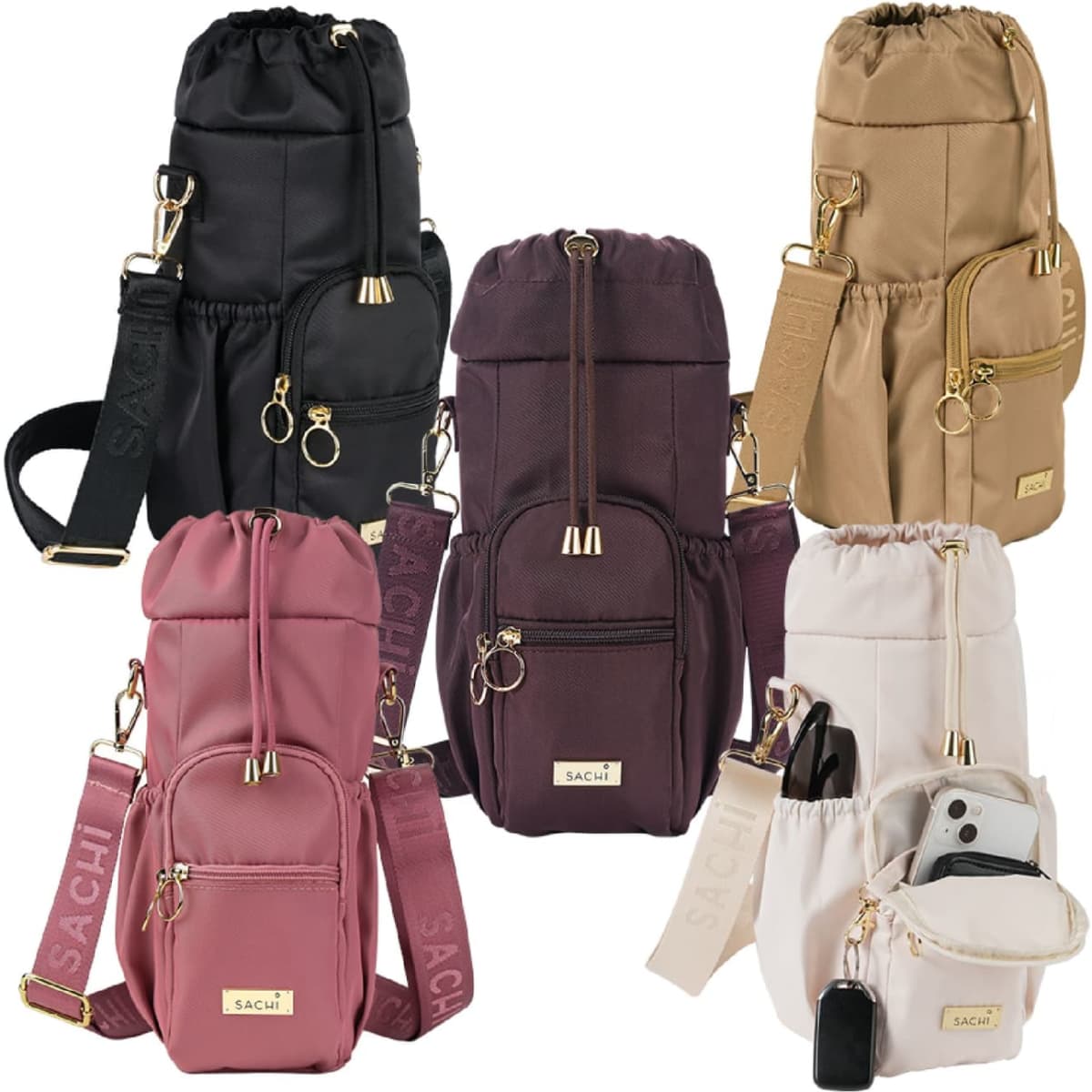 A drink bottle bag in various colours: black, beige, burgundy, pink, and white, featuring adjustable straps and a logo.