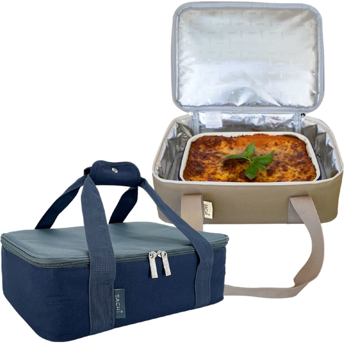 A navy blue and beige insulated food bag with a large, cooked dish inside, featuring a handle and zippers.