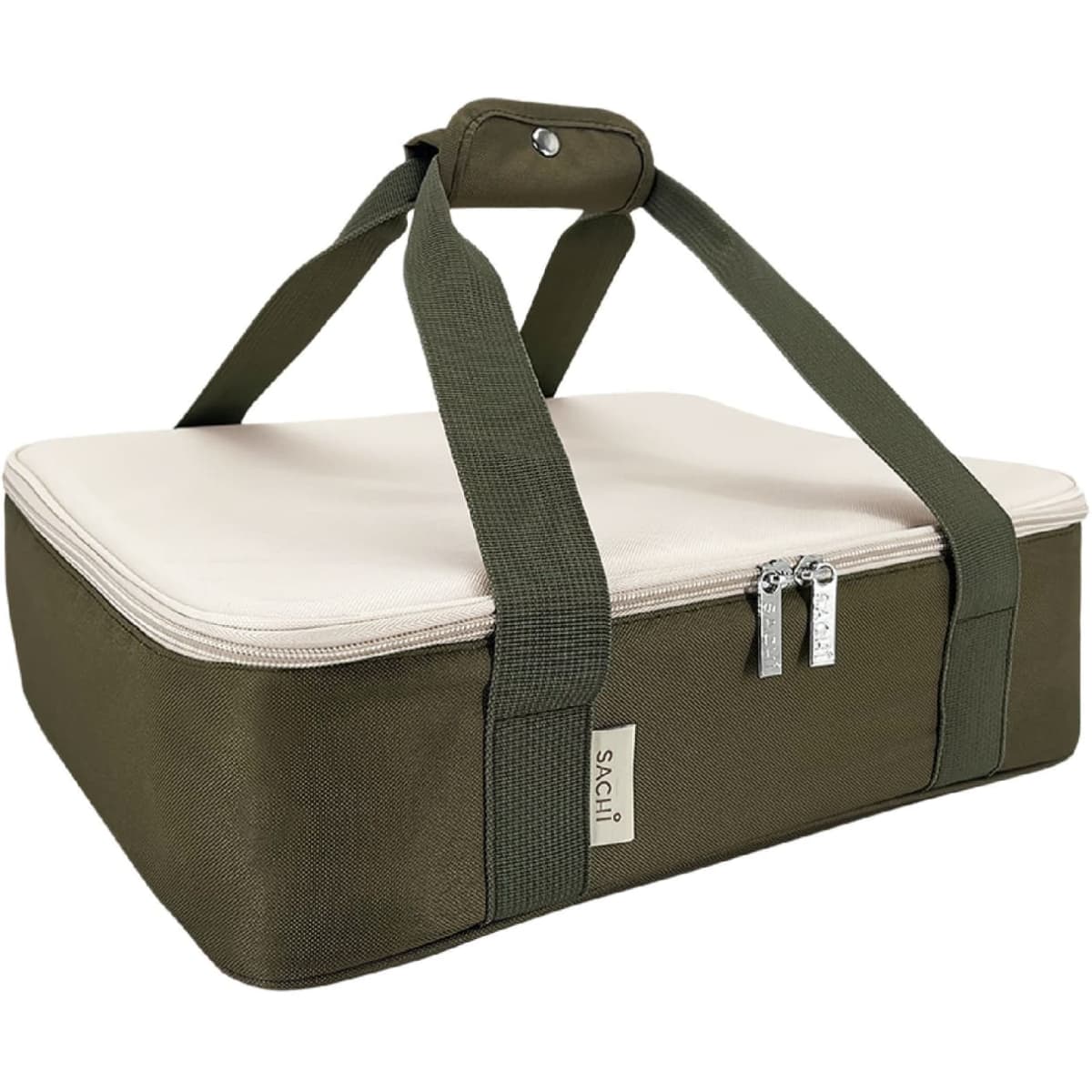 An olive green insulated bag with a cream lid and sturdy handles. It features a zip closure and a logo.