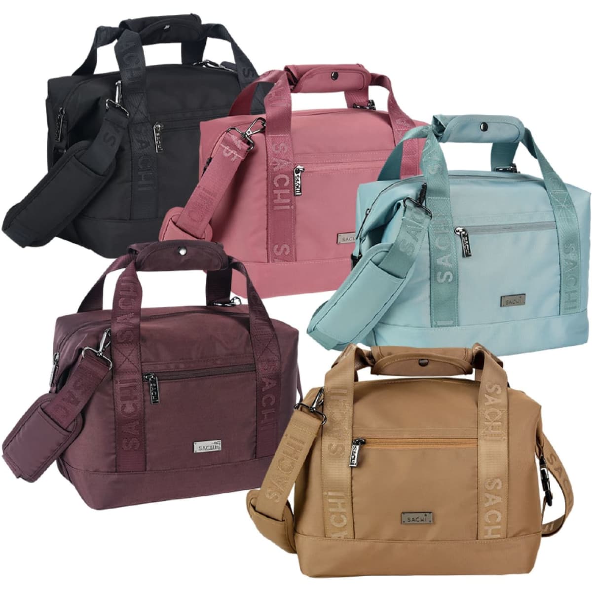 A collection of five insulated cooler bags in black, pink, light blue, burgundy, and tan, featuring various handles and a logo.
