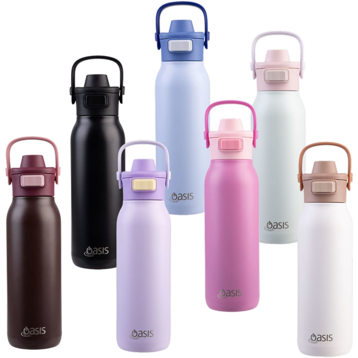 A drink bottle collection featuring various colours: black, brown, pink, white, light blue, and dark blue, with dual spouts and branding.