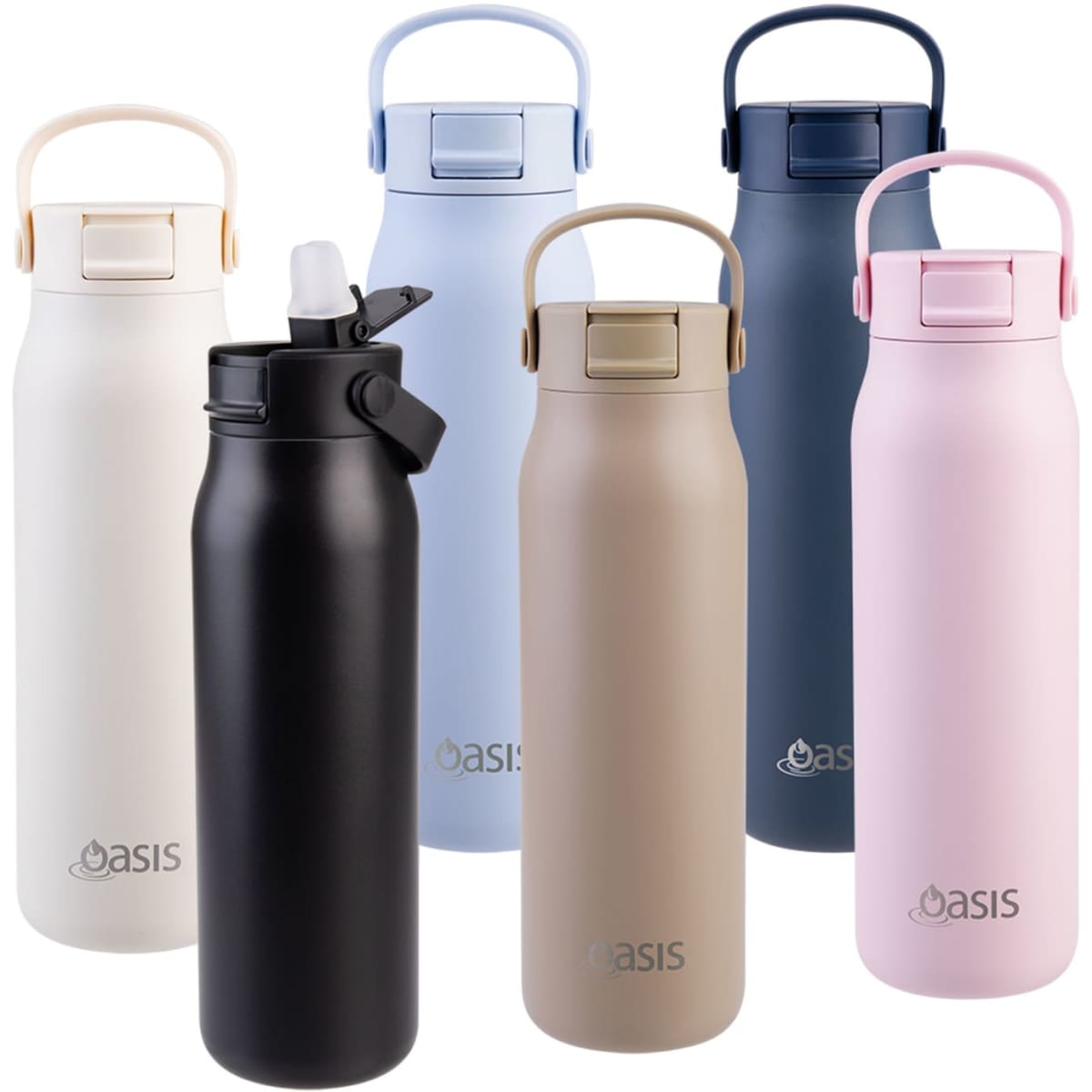 A drink bottle collection featuring six vacuum sipper bottles in white, black, beige, blue, navy, and pink, each with a handle.