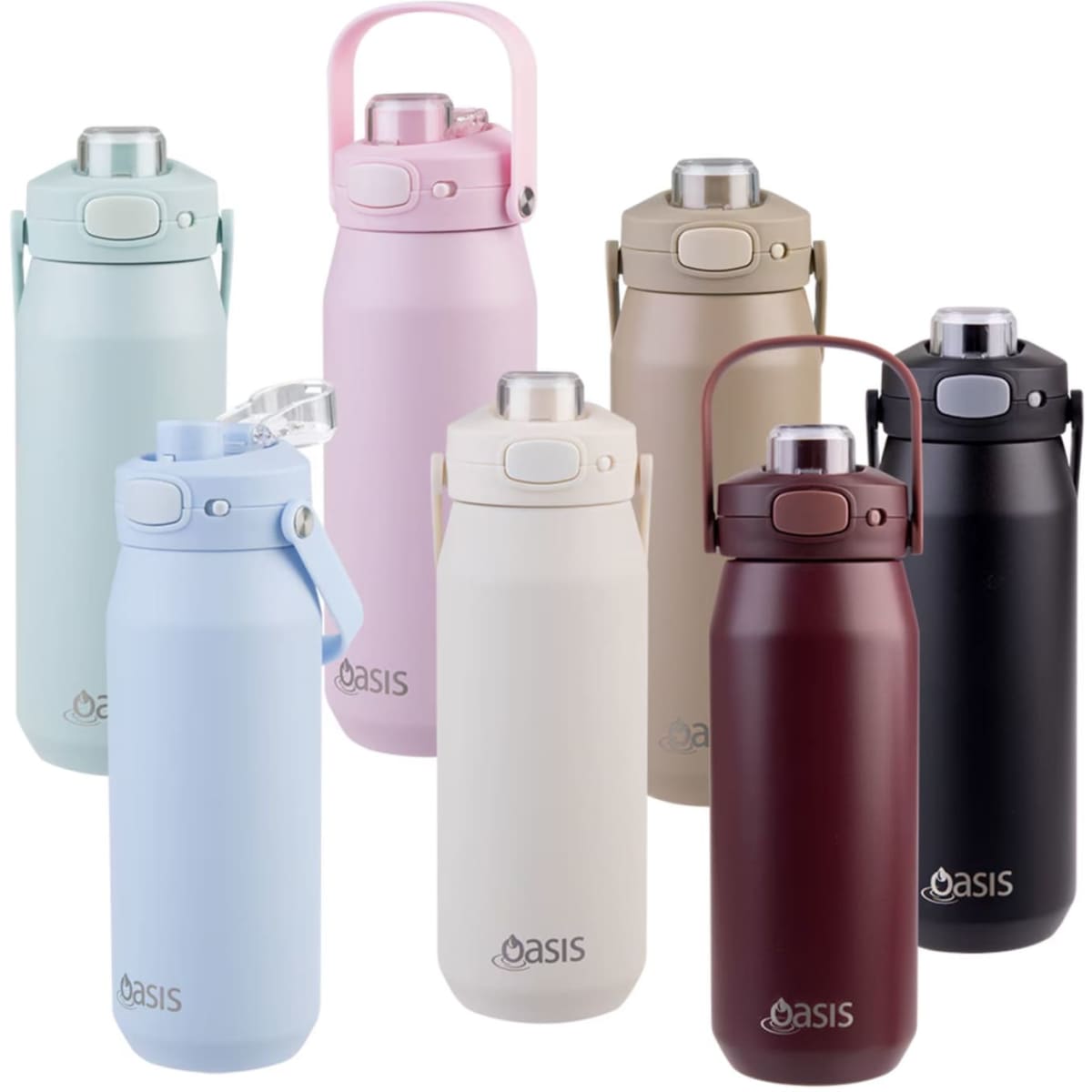 A drink bottle collection featuring various colours: light blue, pastel pink, cream, brown, black, and dark red, with a quick release lid.