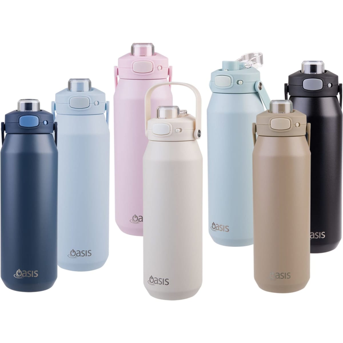 A drink bottle collection featuring various colours: navy, pink, blue, black, and beige, with a logo on each.