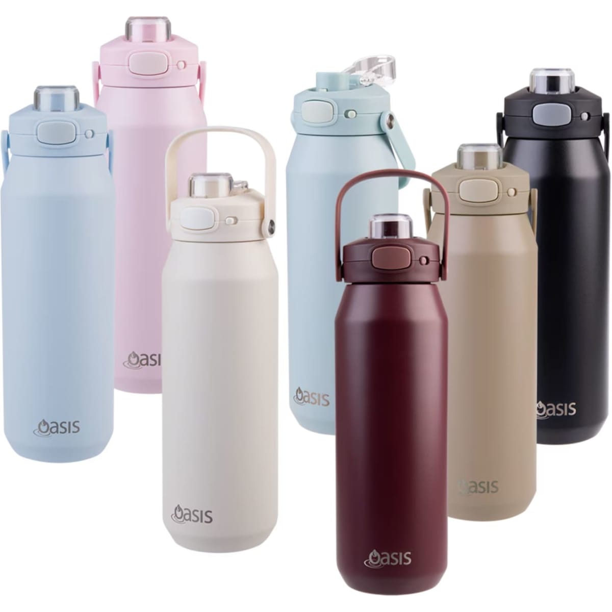 A drink bottle collection featuring various colours: light pink, blue, white, beige, dark maroon, black, and a light grey. Each has a logo.