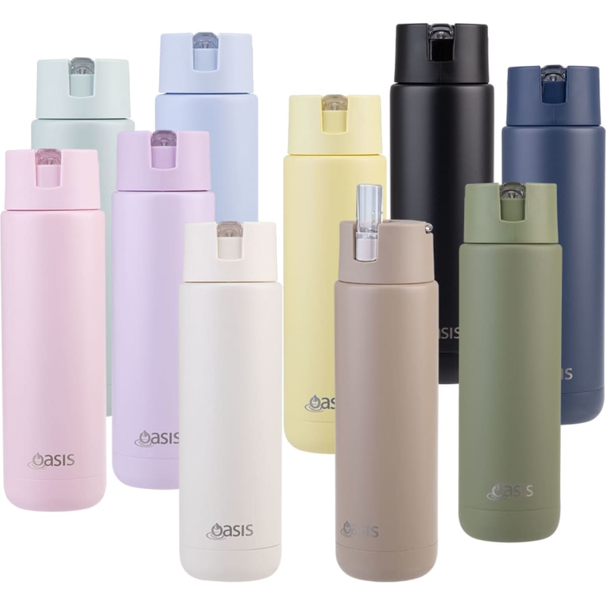 A drink bottle collection featuring various colours, including pink, purple, yellow, black, beige, and green. Each has a logo.