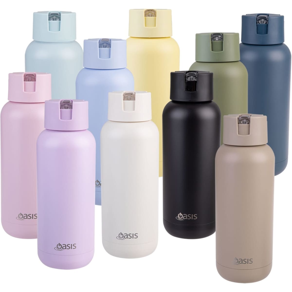 A drink bottle collection featuring various colours, including pastel blue, yellow, green, pink, white, black, and beige. Each has a logo.