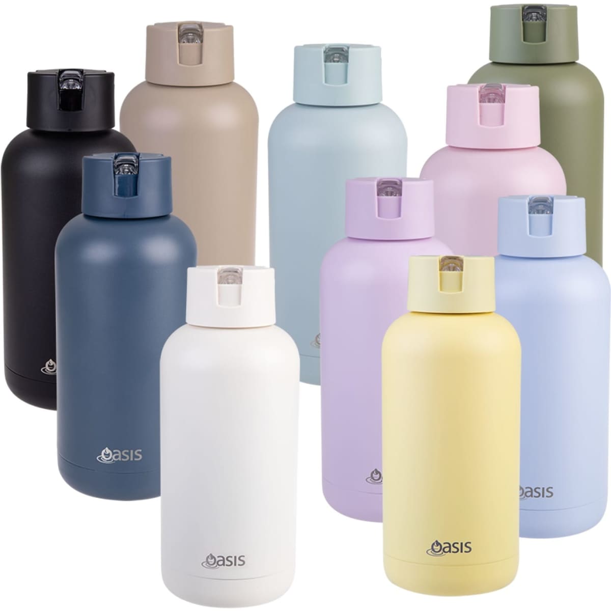 A drink bottle collection featuring various colours: black, grey, beige, navy, white, purple, pink, and yellow, each with a logo.