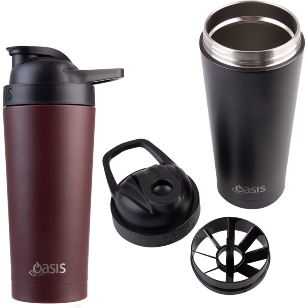 A drink bottle featuring a dual-colour design in maroon and black, with a removable lid and agitator.