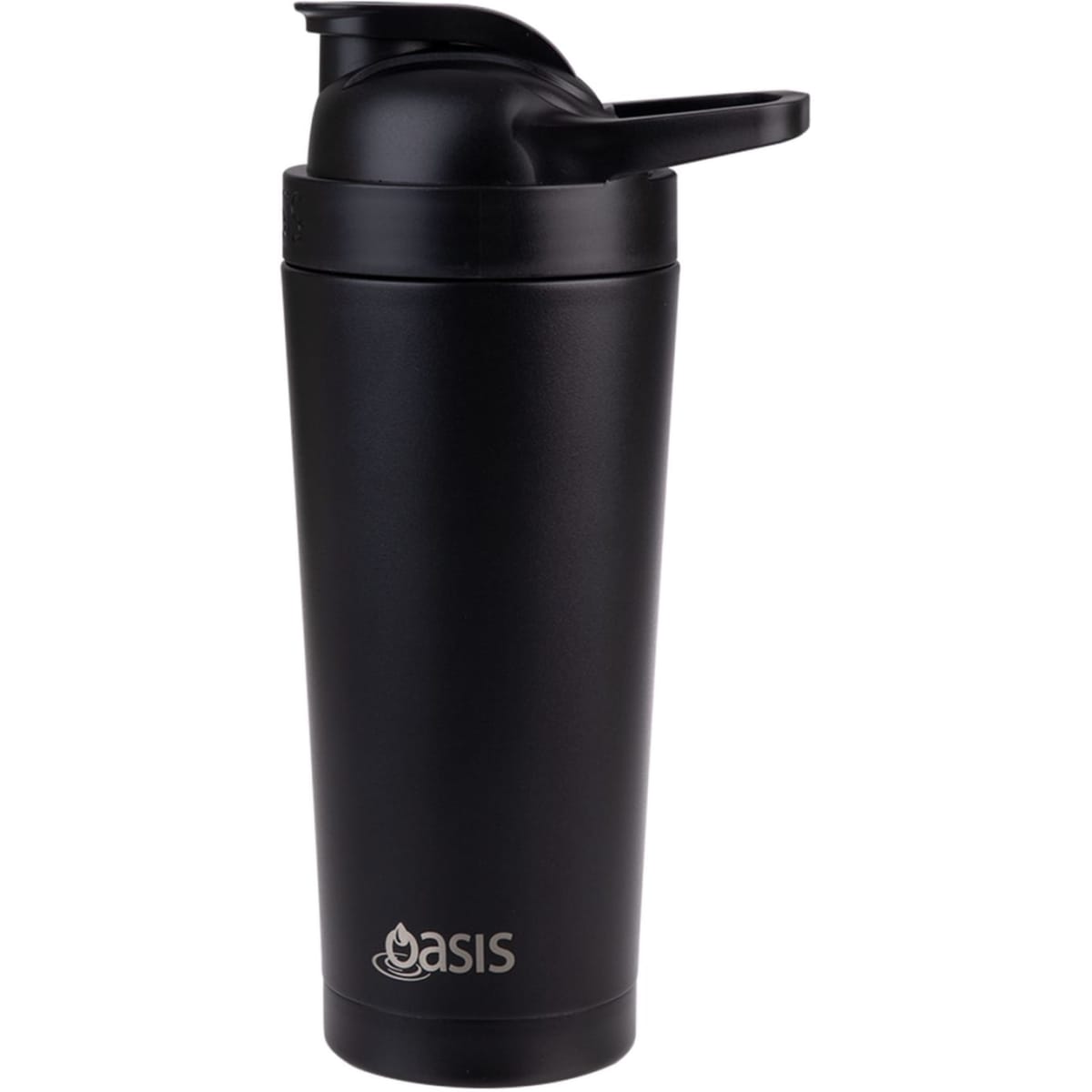 A drink bottle featuring a sleek black design, with a flip-top lid and a logo on the side.
