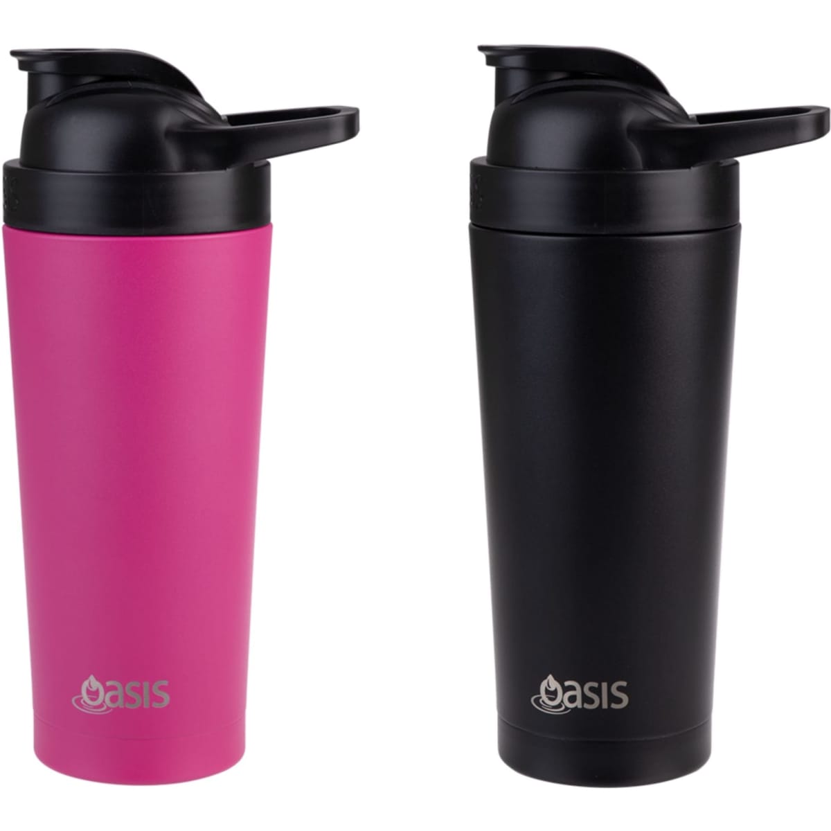 A drink bottle set featuring a pink and a black vacuum protein shaker, both with a lid and logo.