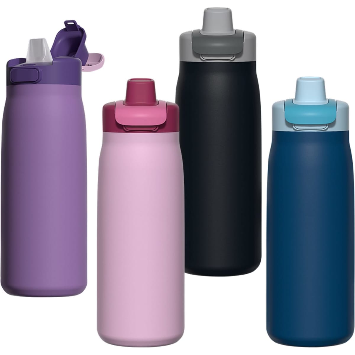 A drink bottle collection featuring purple, pink, black, and blue designs with flip-top lids. Each bottle has a logo.