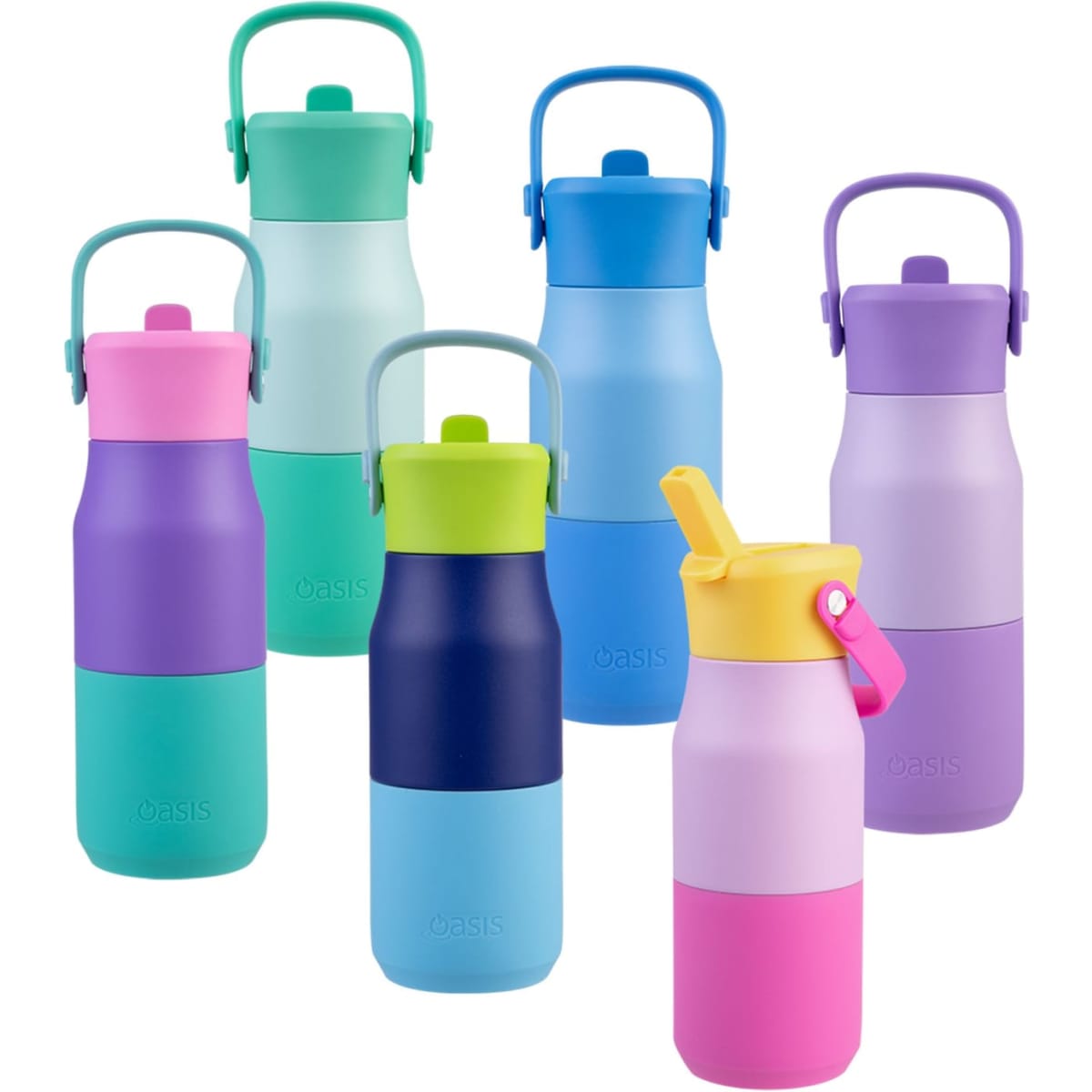 A drink bottle collection featuring various colours: purple, green, blue, and pink, with different shapes and designs.