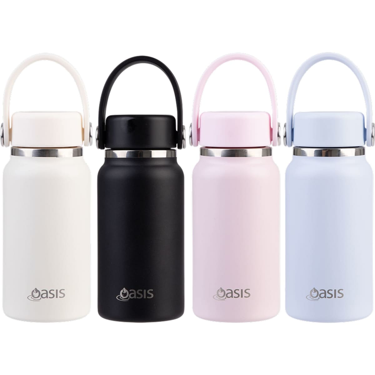 A drink bottle set featuring four insulated mini bottles in white, black, pink, and light blue, each with a handle and a logo.