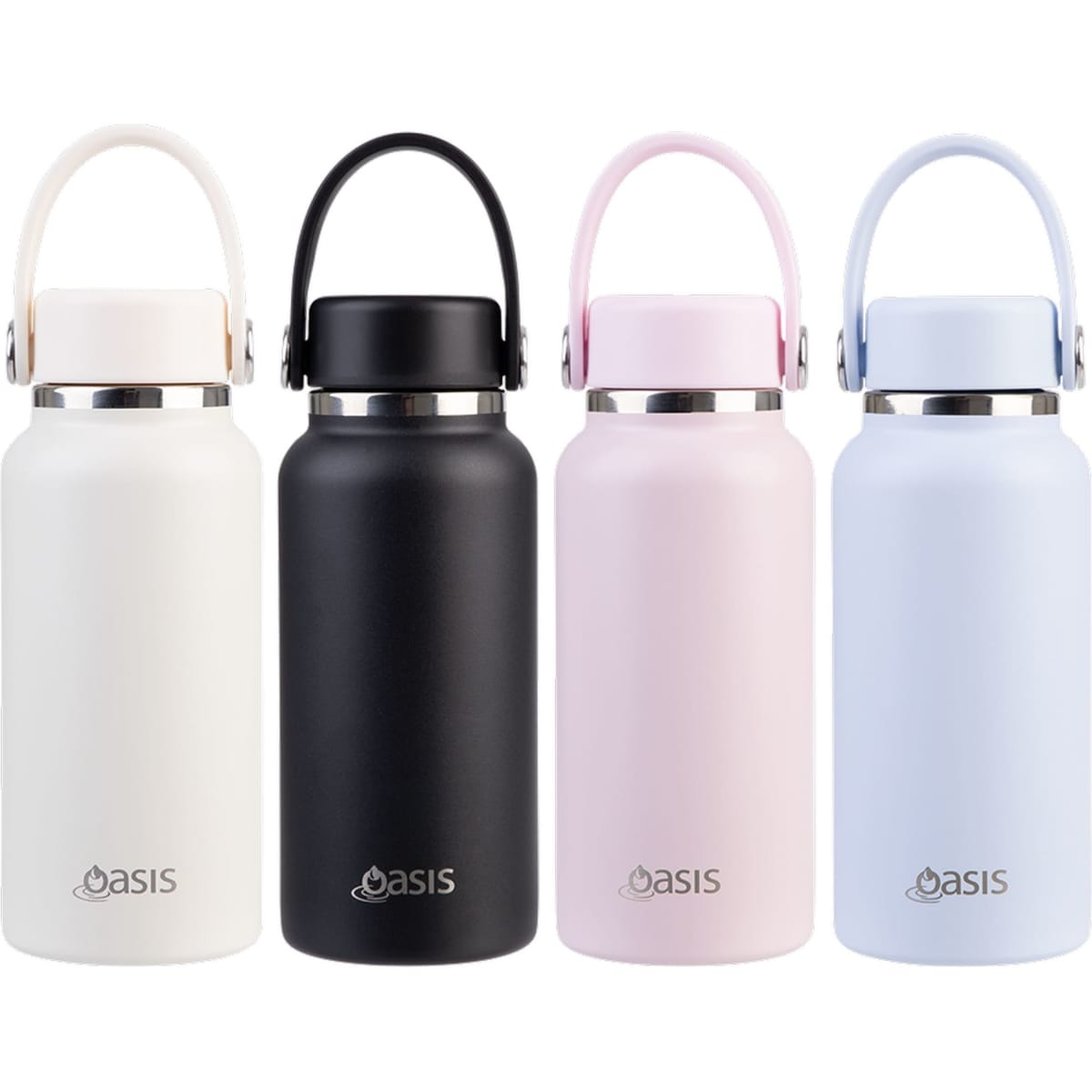 A drink bottle assortment featuring white, black, pink, and blue colours, each with a handle and a logo.