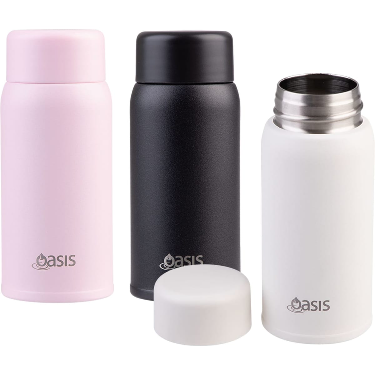 A drink bottle set featuring insulated mini bottles in pink, black, and white, each with a silver stainless steel interior and a logo.