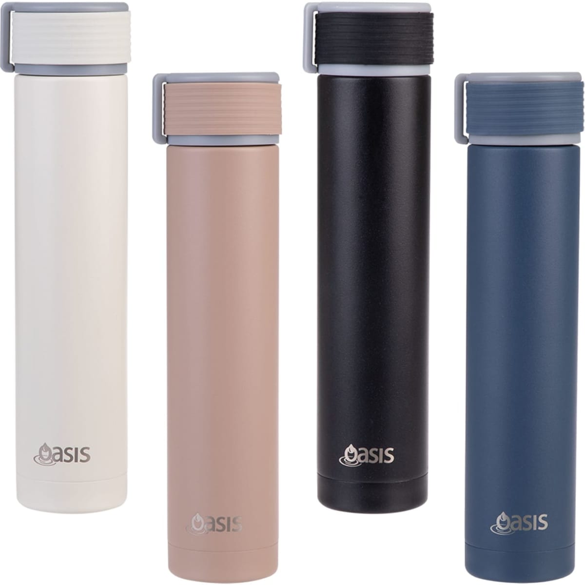 A drink bottle featuring four colours: white, beige, black, and navy, with an insulated "Skinny Mini" design and a logo.