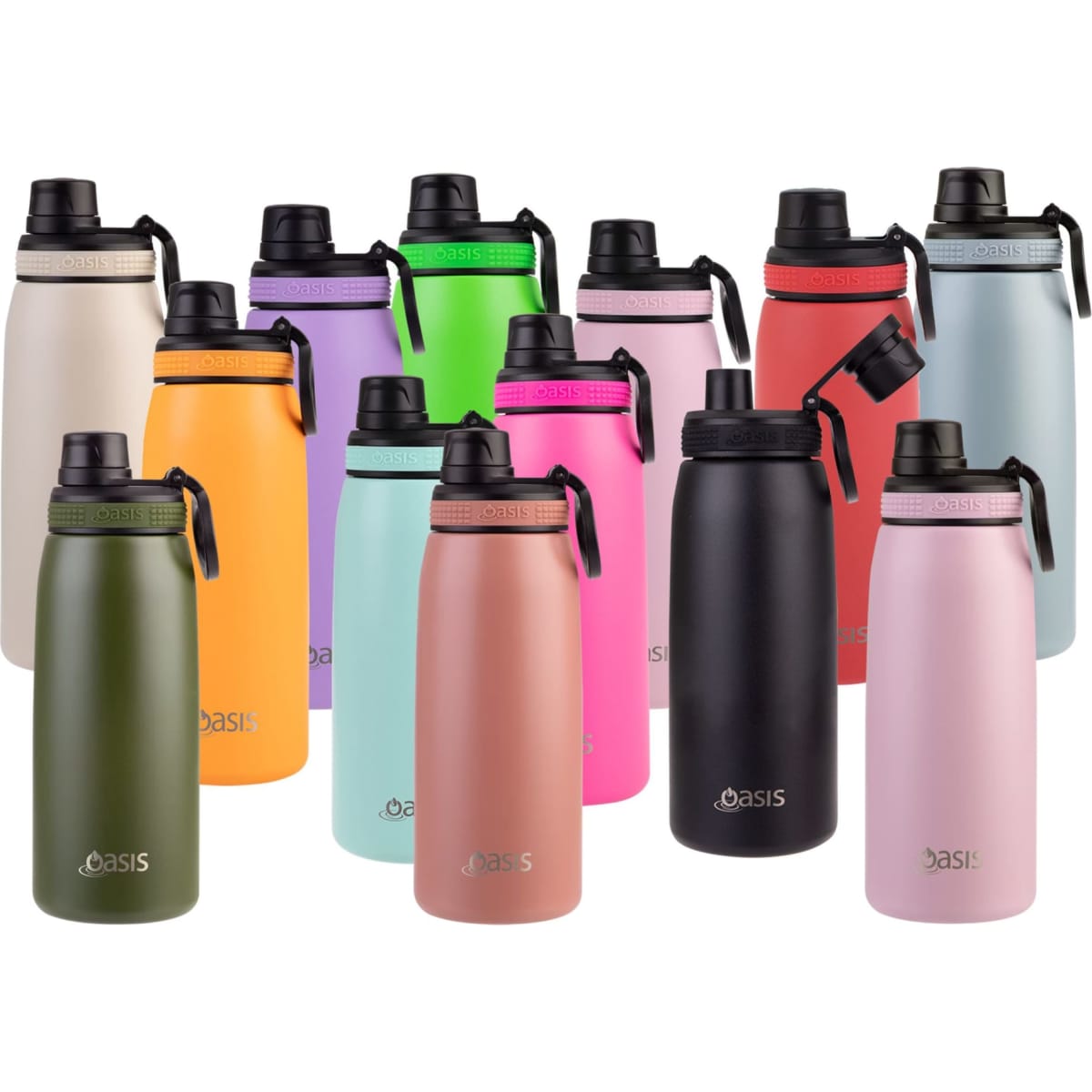 A drink bottle collection in various colours, featuring the Oasis 780ml vacuum sports screw cap design, with logos.